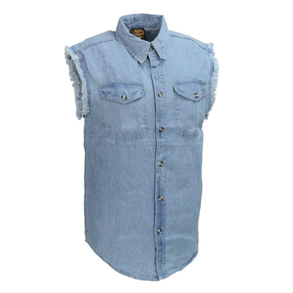 Mens Milwaukee Performance Frayed Hem Blue Lightweight Denim Sleeveless Shirt  M